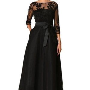 eShakti Wayward Fancies Floral Embellished Illusion Tulle/Dupioni Dress 22W blk